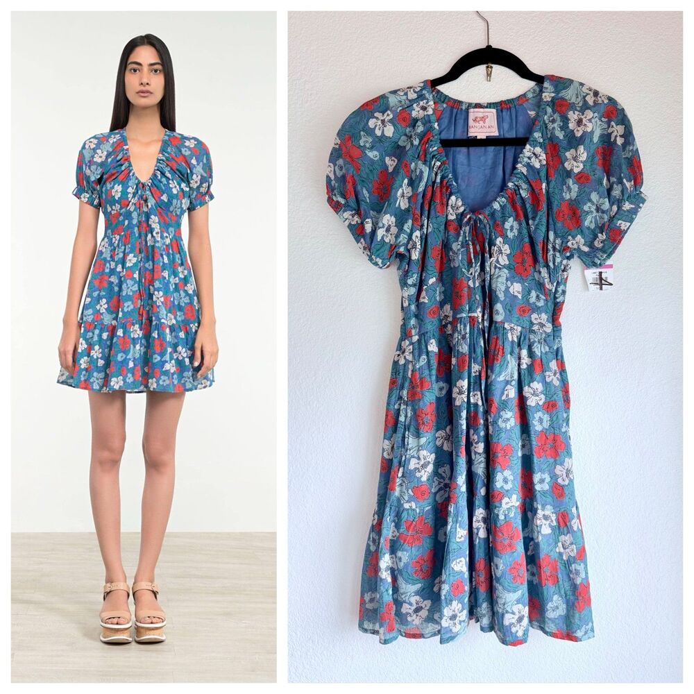 NWT Banjanan 100% Cotton Artemise Dress in Melodic Flower Dazzling Blue Size S